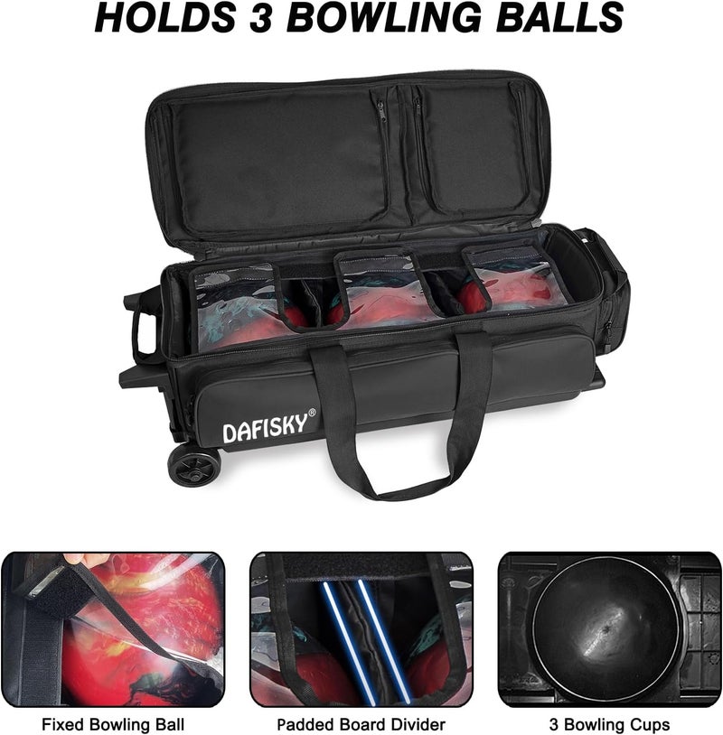 DAFISKY 3 ball bowling bags with wheels, bowling ball bag 3 ball roller with Multiple Pockets Retractable Handle - Image 4